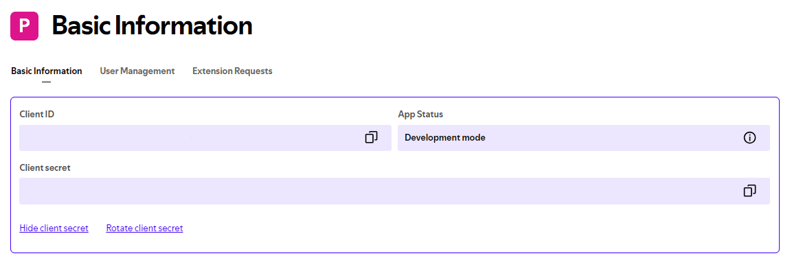 The app's Basic Information tab, where the Client ID and Client secret sit behind copy buttons