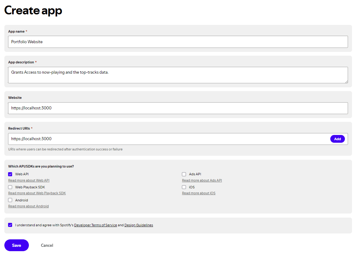 The Create app form filled in, with localhost:3000 as both the website and the redirect URI, and Web API ticked