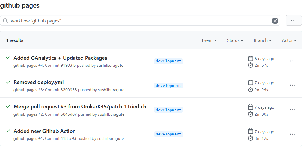 The github pages workflow after the rewrite, four runs and four green checks
